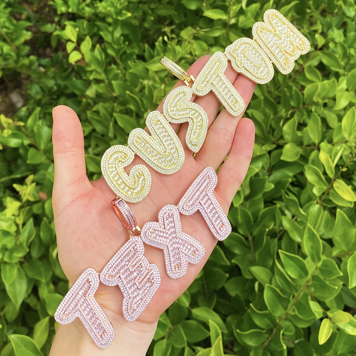 Bubble Letter Name Necklace Pendant Baguette Custom Chains Iced Out Cubic Zirconia Paved Setting Personalized Hip Hop Jewelry