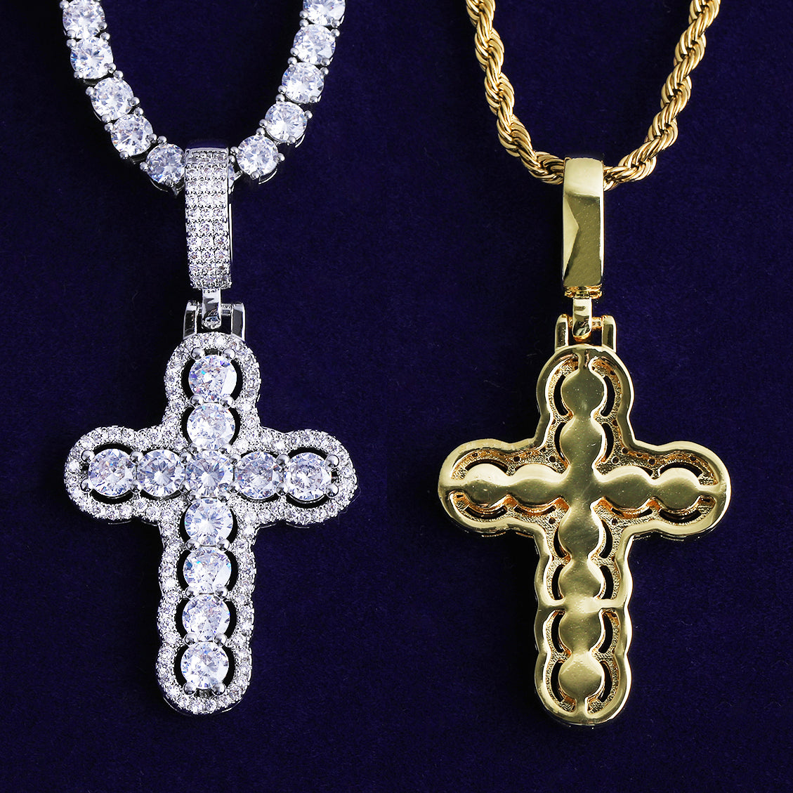 Bubble Letter Iced Out Hollow Cross Necklace Pendant for Men Real Gold Plated 5A Cubic Zirconia Hip Hop Jewelry