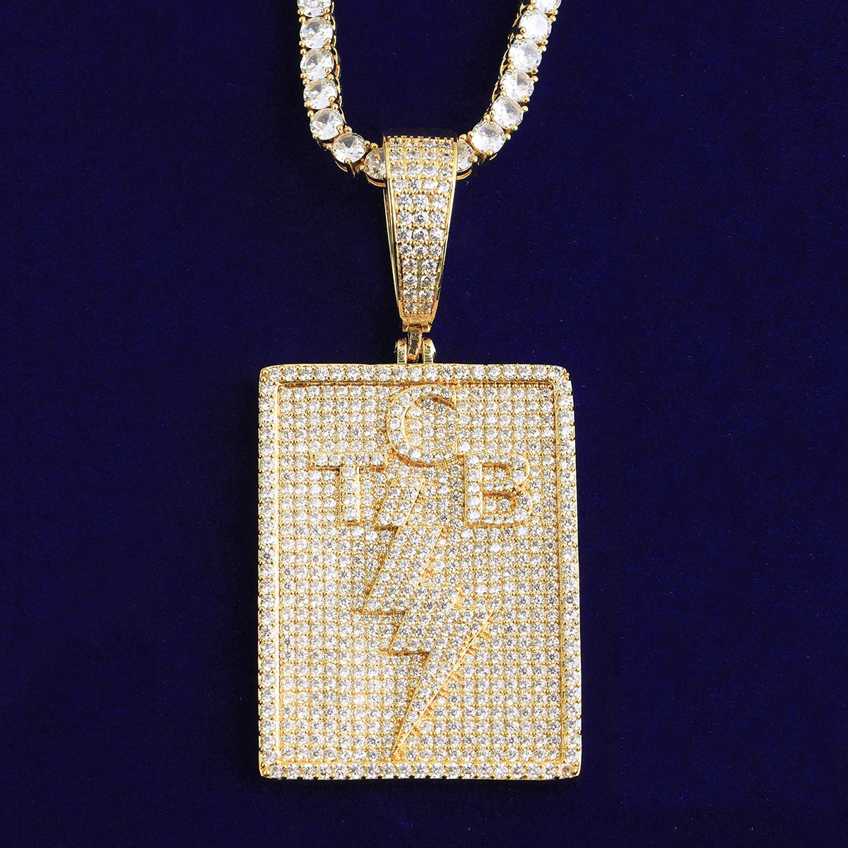Bubble Letter Iced Out TCB Lighting Bolt Necklace Pendant for Men Prong Setting Real Gold Plated Hip Hop Jewelry