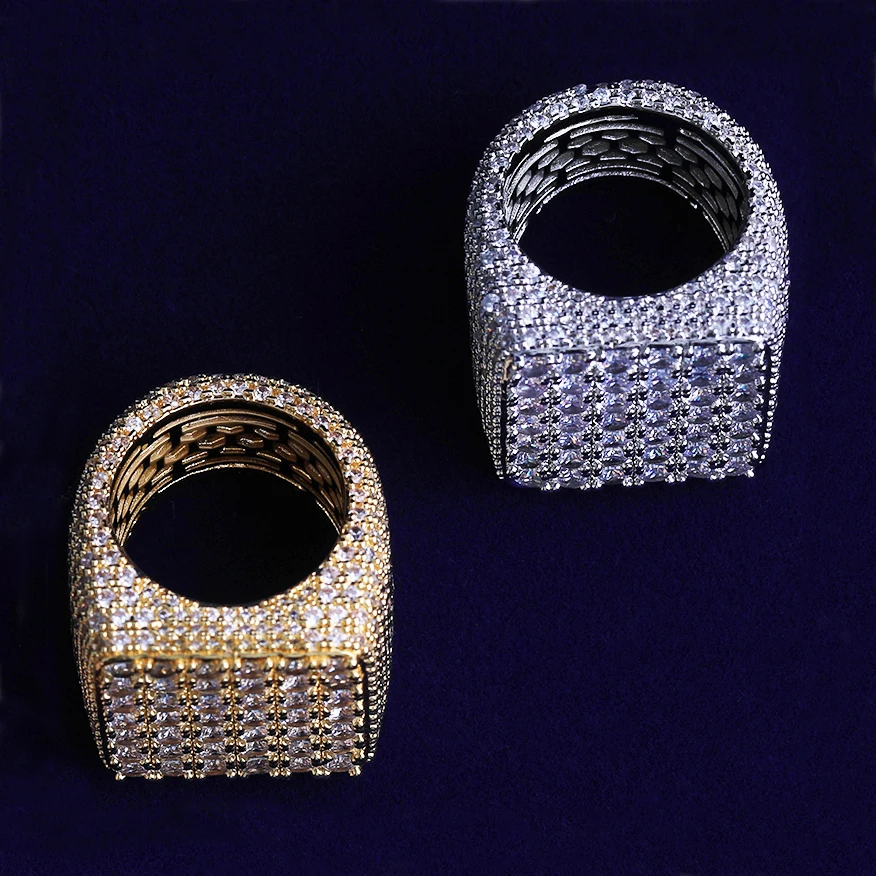 Bubble Letter Iced Out Square Ring for Men Real Gold Plated Cubic Zirconia Hip Hop Jewelry