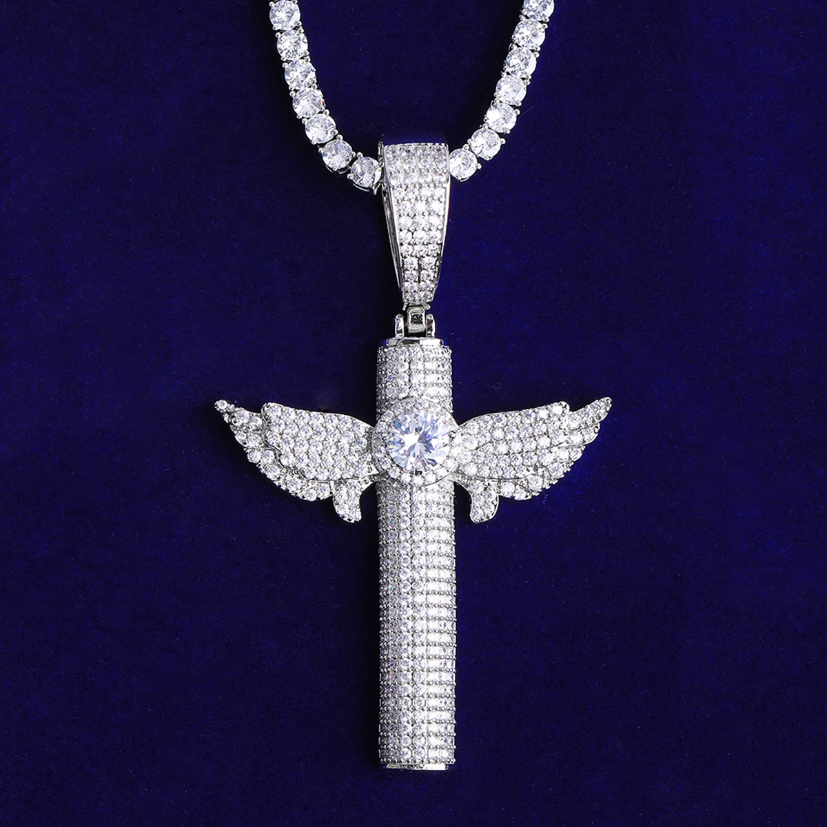 Bubble Letter Iced Out Wing Cross Necklace Pendant for Men Prong Setting 5A Cubic Zirconia Hip Hop Jewelry