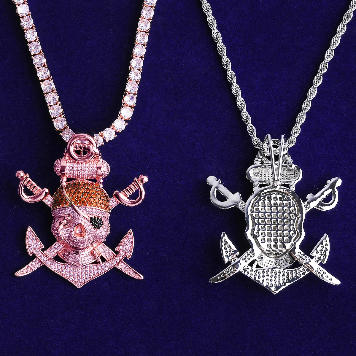 Bubble Letter Iced Out Pirate Anchor Necklace Pendant for Men Prong Setting 5A Cubic Zirconia Hip Hop Jewelry