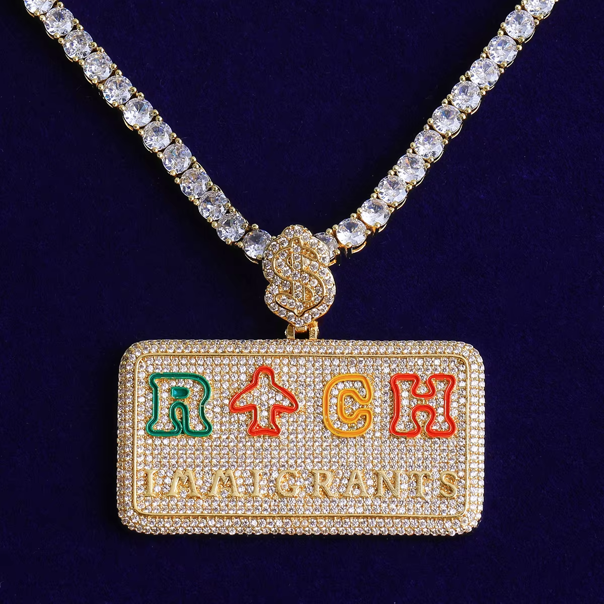 Bubble Letter Iced Out Rich Immigrant Necklace Pendant for Men Real Gold Plated Cubic Zirconia Hip Hop Jewelry