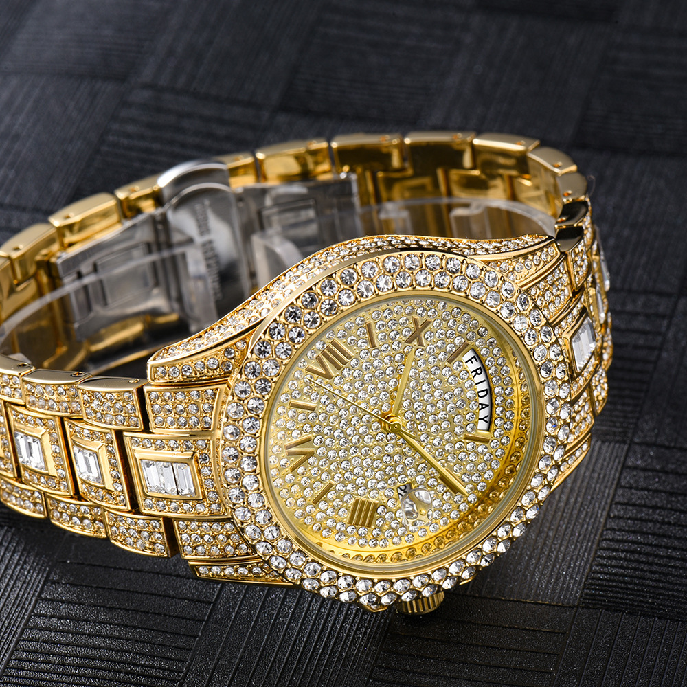 Bubble Letter DAY DATE ROMAN NUMERALS VVS ICED OUT DIAMOND WATCH