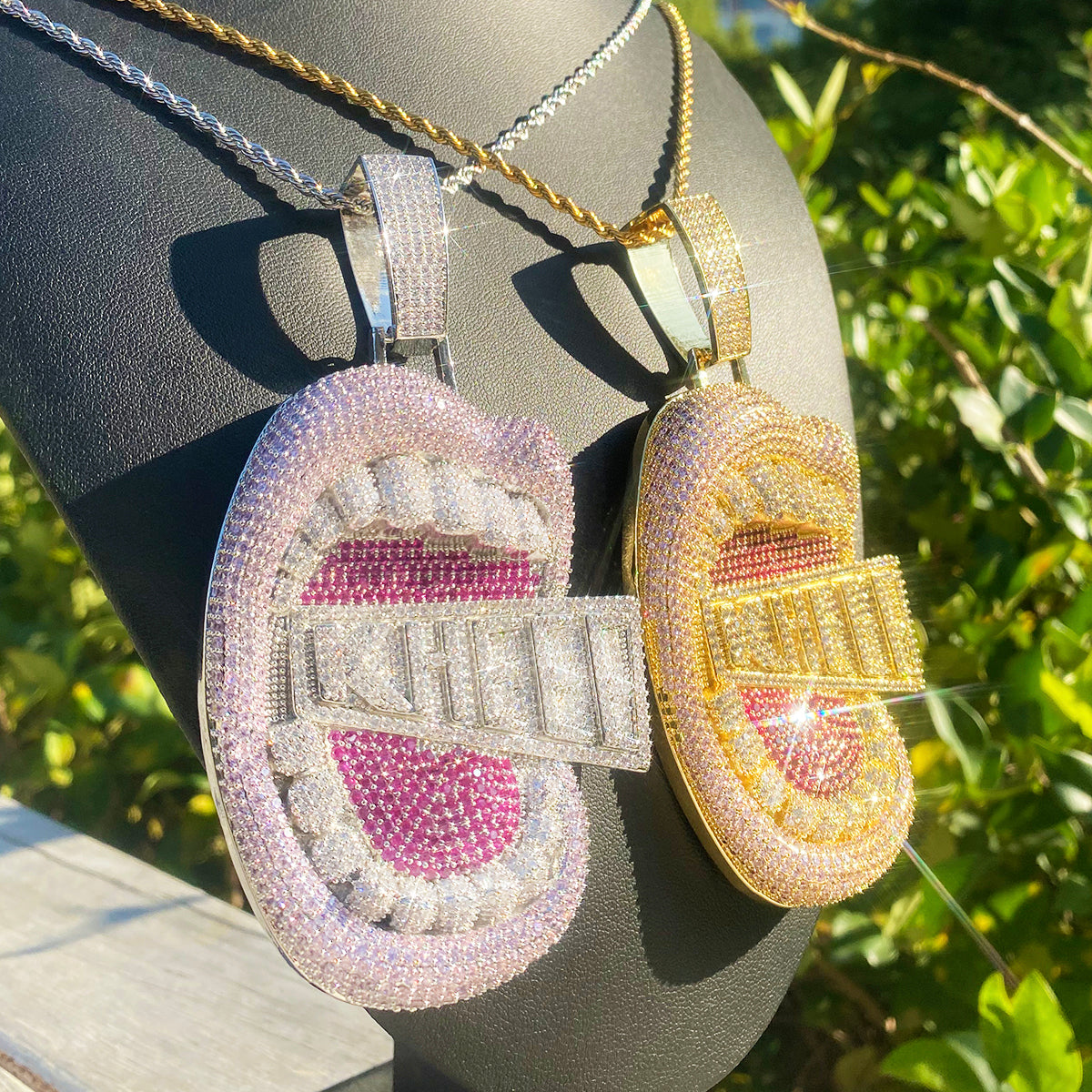 Bubble Letter Iced Out Big Mouth for Men Colgante Kheee Oro 5A Cubic Zirconia Copper Gold Plated Hip Hop Jewelry