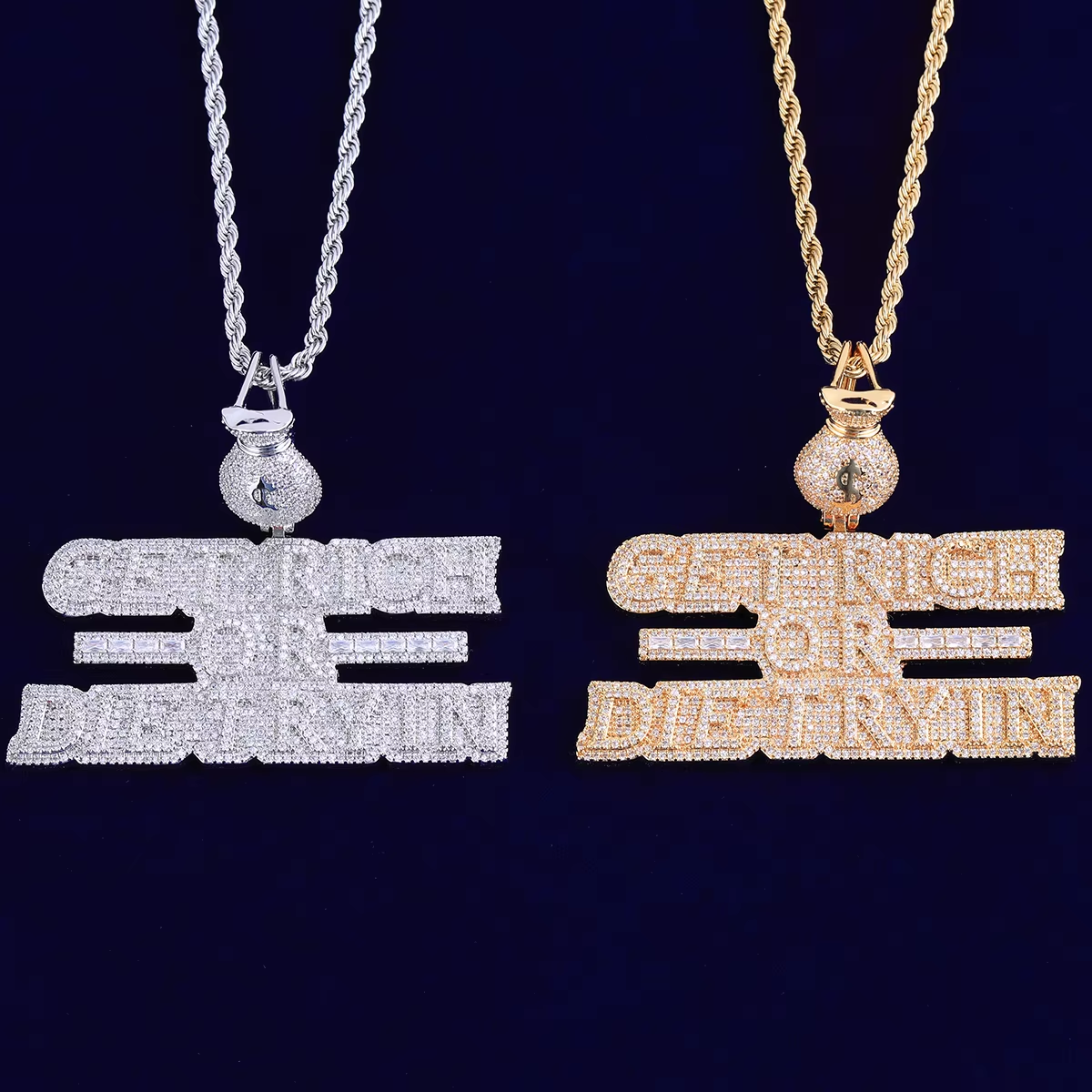 Bubble Letter Iced Out Necklace Pendant for Men Real Copper Get Rich Hip Hop Jewelry
