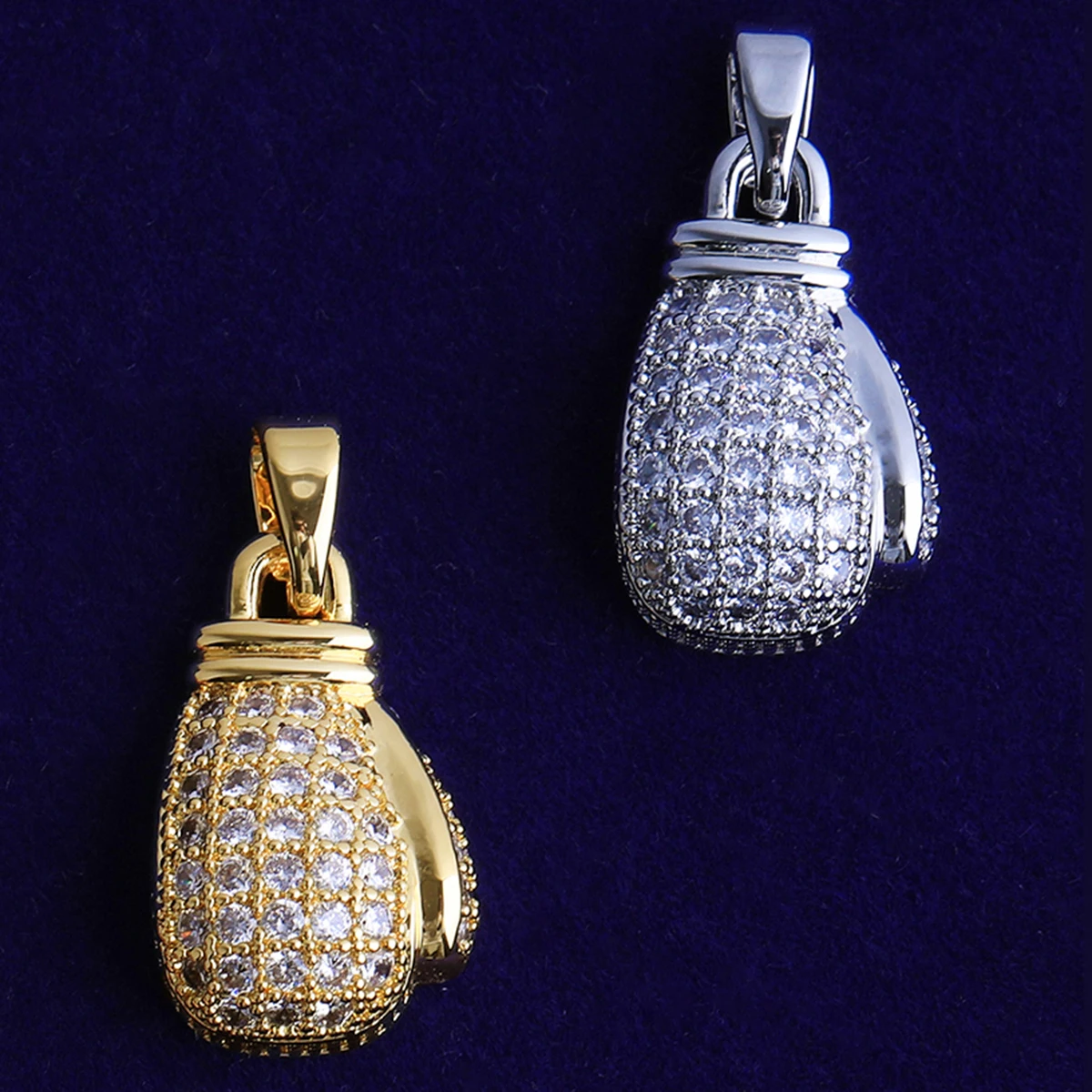 Bubble Letter Iced Out boxing Gloves for Men Necklace Pendant Real Gold Plated Cubic Zirconia Hip Hop Jewelry