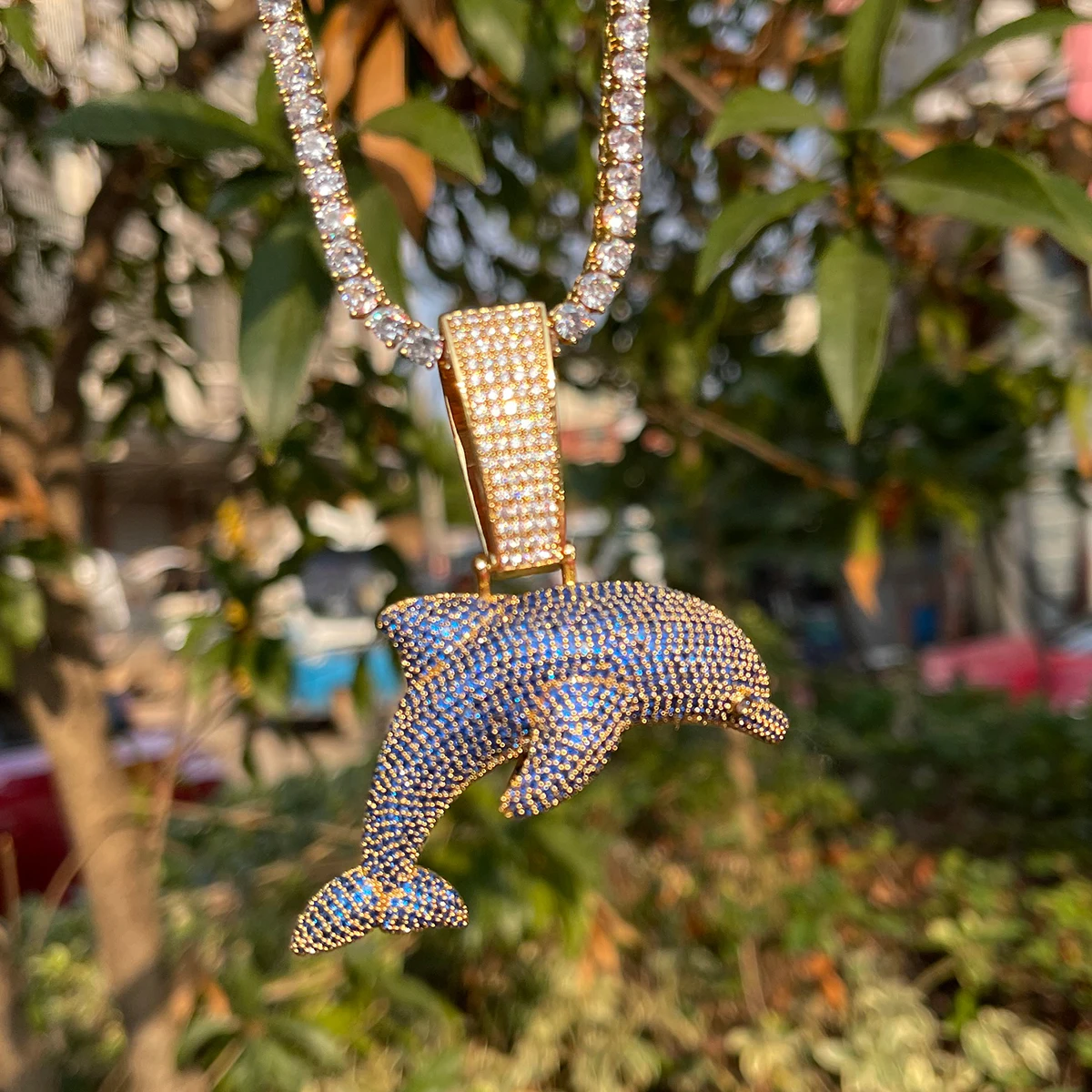 Bubble Letter Iced Out Dolphin Animal Necklace for Men Two Tone Pendant Hip Hop Jewelry 2023 Drop Shipping Products