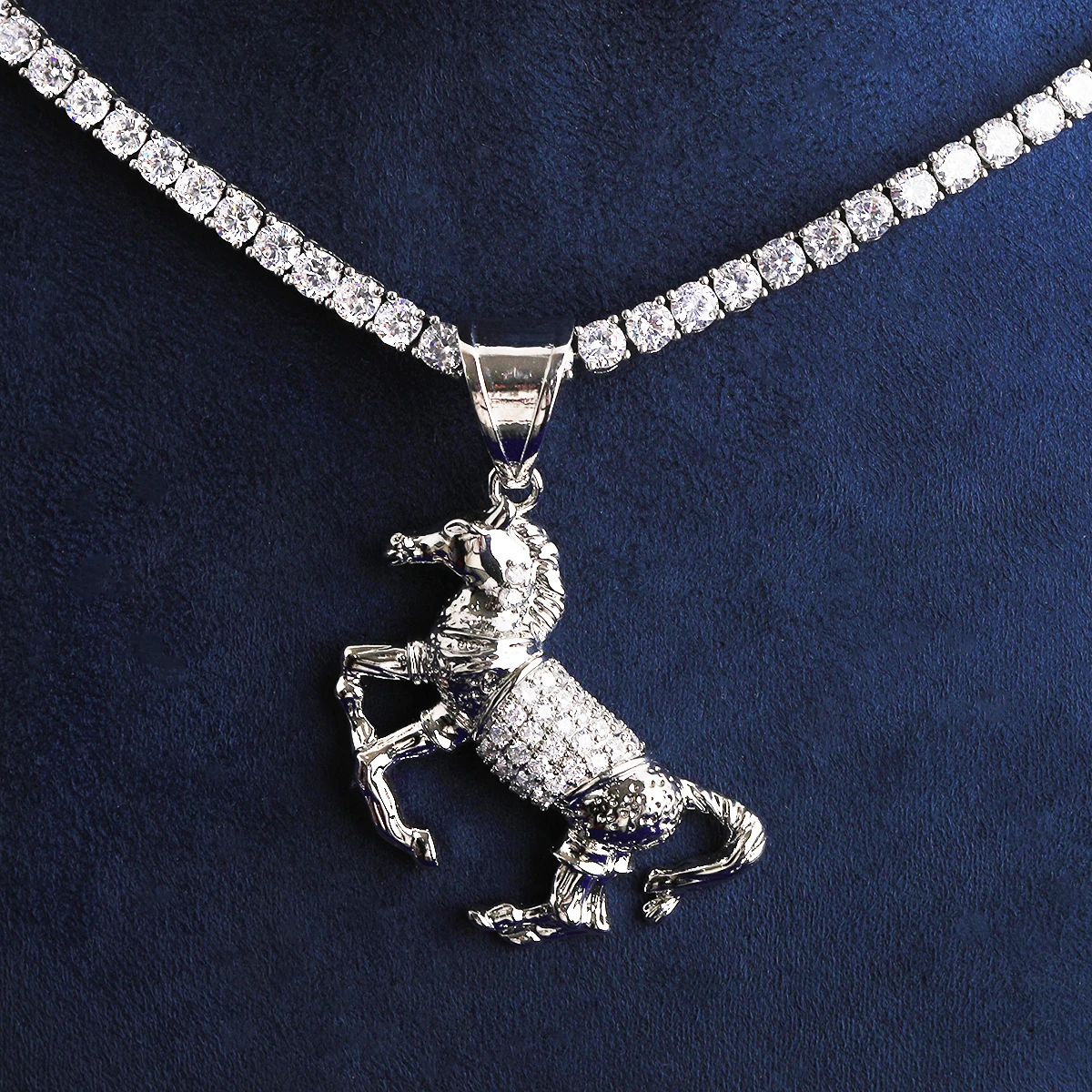 Bubble Letter Iced Out Horse Necklace Pendant for Men Real Gold Plated Cubic Zirconia Hip Hop Jewelry