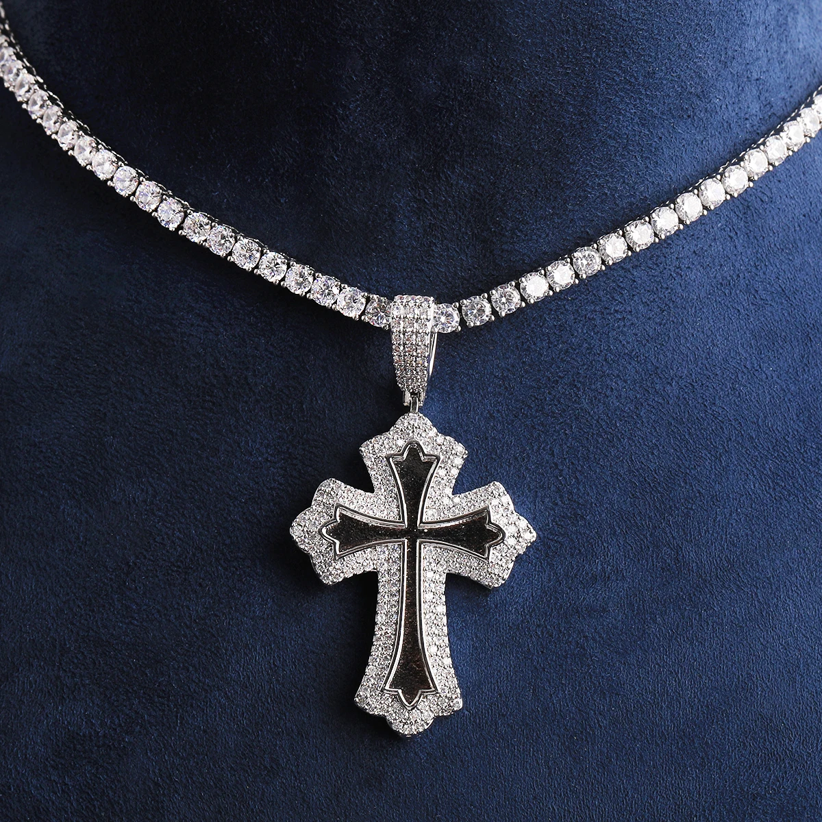 Bubble Letter Iced Men Cross Necklace Pendant Real Gold Plated Cubic Zirconia Hip Hop Jewelry