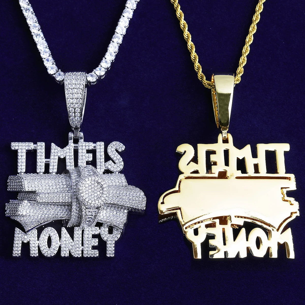 Bubble Letter Iced Out Time is Money Necklace Pendant for Men Prong Setting Real Gold Plated Hip Hop Jewelry