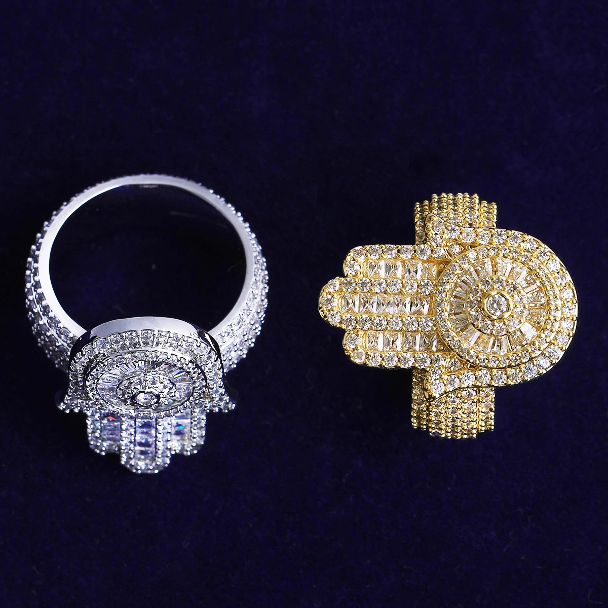Bubble Letter Iced Out Hamsa Hand Ring for Men Real Gold Plated Cubic Zirconia Hip Hop Jewelry