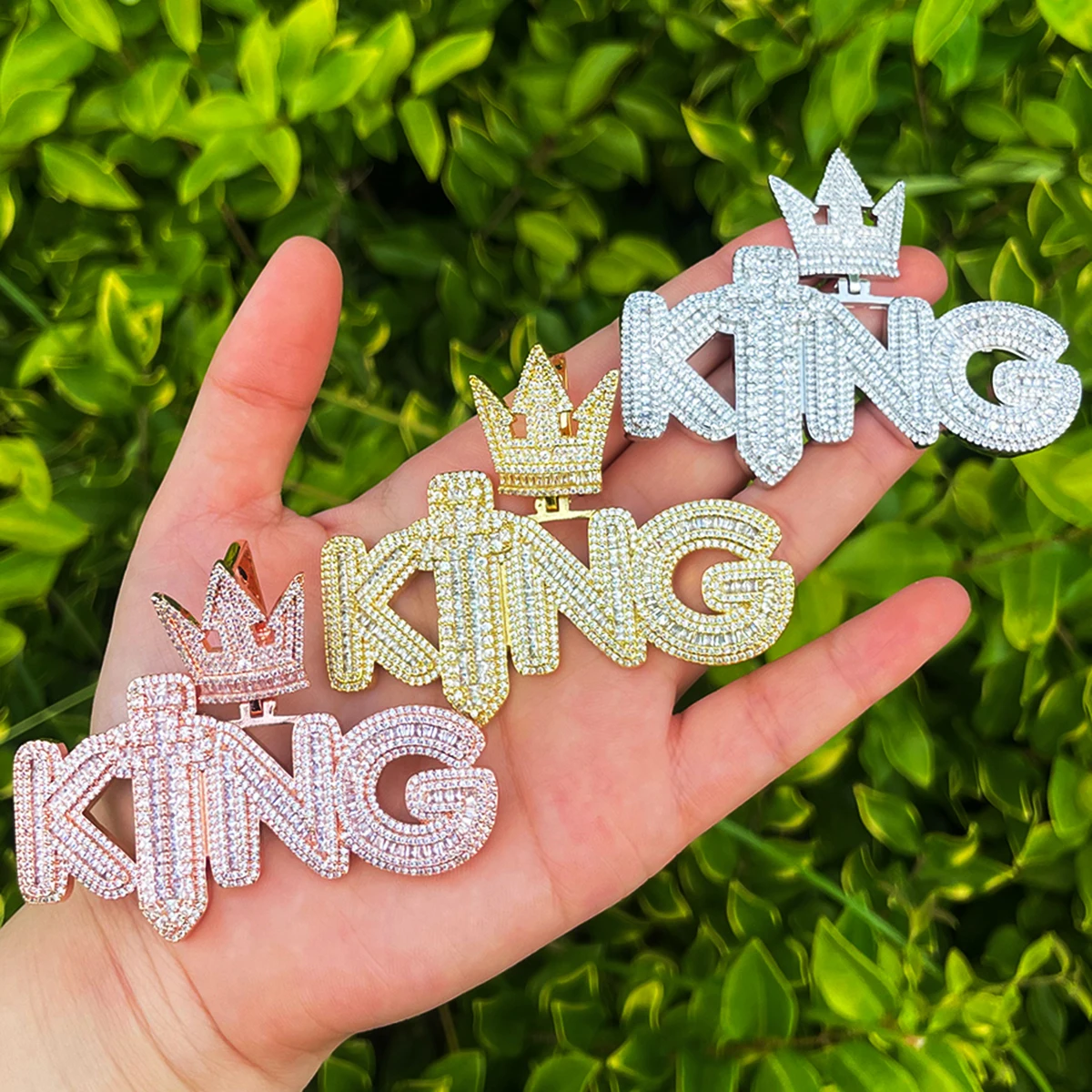 Bubble Letter Iced Out King Sword Crown Bail Necklace Pendant for Men Prong Setting 5A Cubic Zirconia Hip Hop Jewelry