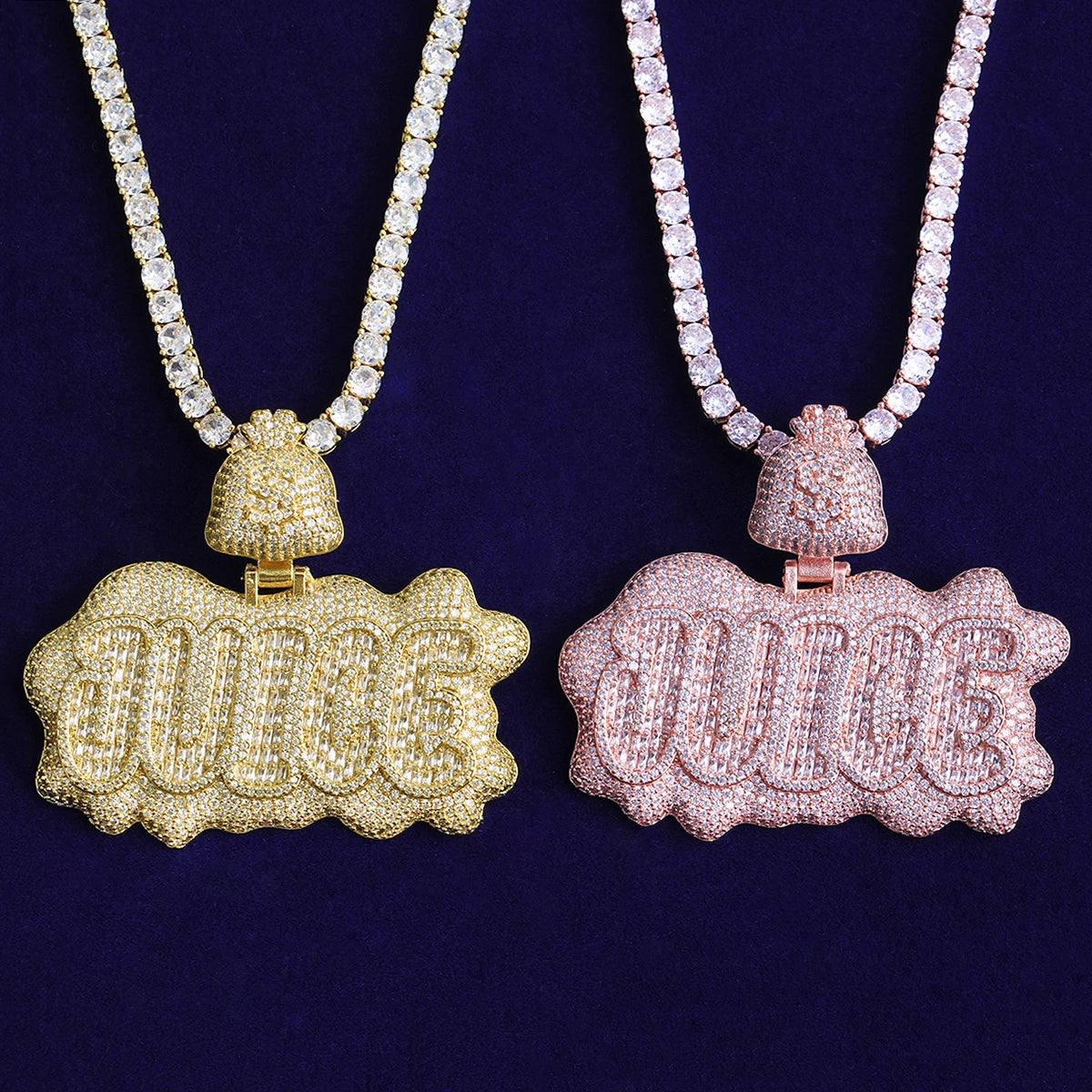 Bubble Letter Iced Out Juice Money Bag Bail Necklace Pendant for Men Real Gold Plated 5A Cubic Zirconia Hip Hop Jewelry