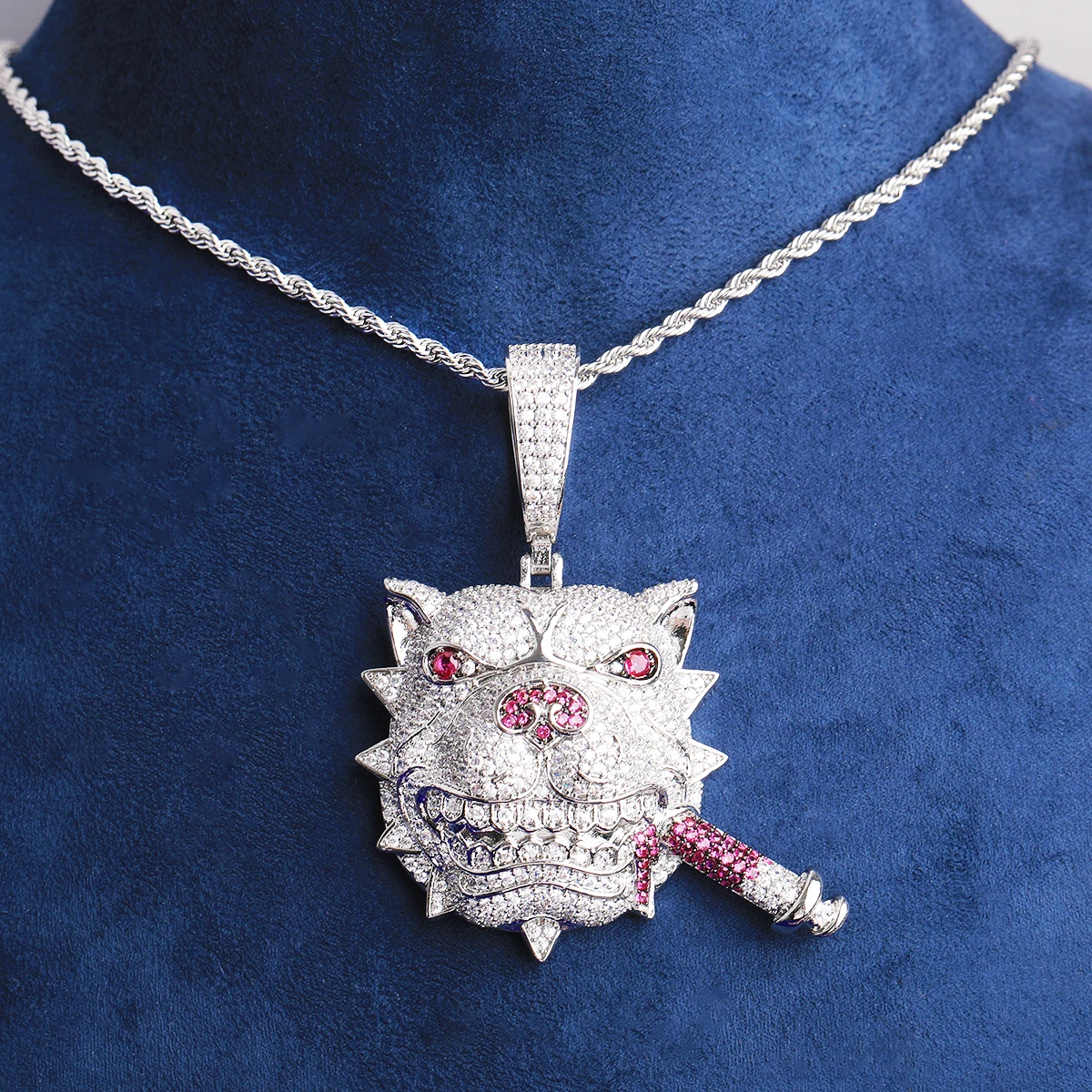 Bubble Letter Iced Out Dog Head Cigar Necklace Pendant for Men Prong Setting 5A Cubic Zirconia Hip Hop Jewelry