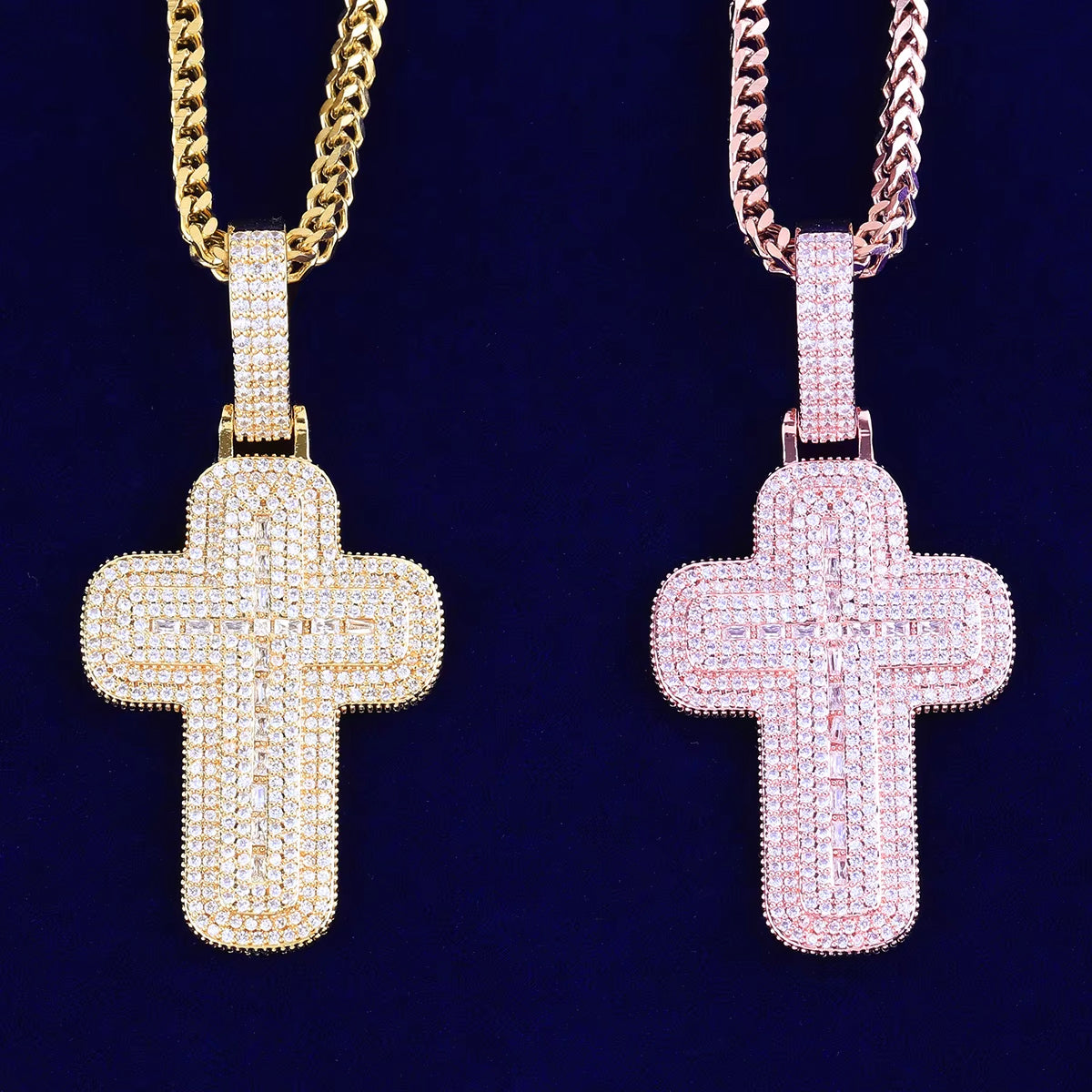 Bubble Letter Iced Out Baguette Two Layers Cross Necklace Pendant for Men Real Gold Plated Hip Hop Jewelry