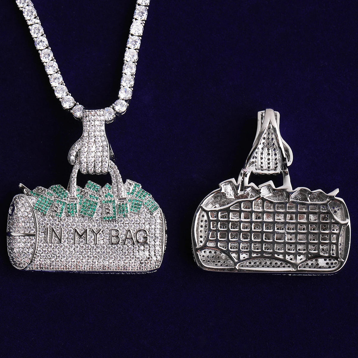 Bubble Letter Iced Out Silver Green In My Bag Necklace Pendant for Men Real Gold Plated 5A Cubic Zirconia Hip Hop Jewelry
