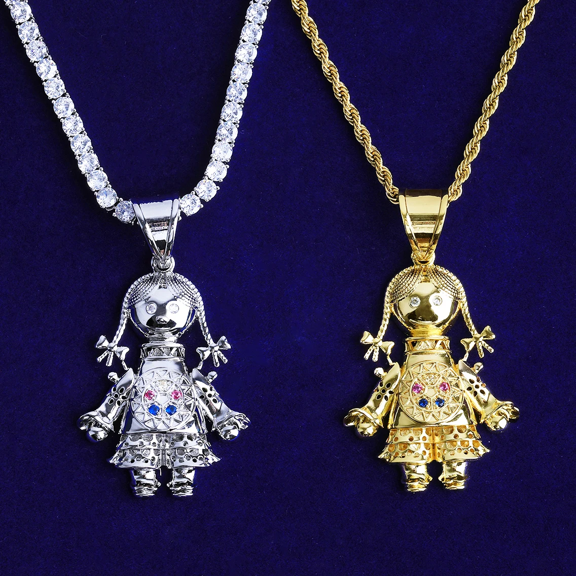 Bubble Letter Iced Out Rag Doll Necklace Pendant for Men Prong Setting 5A Cubic Zirconia Hip Hop Jewelry
