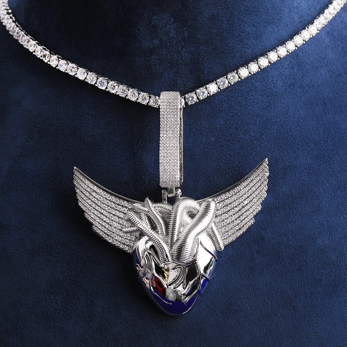Bubble Letter Iced Out Heart Wing for Men Necklace Pendant Real Gold Plated Cubic Zirconia Hip Hop Jewelry