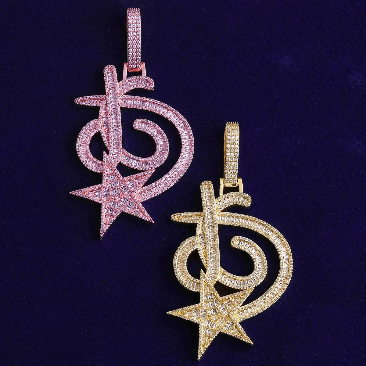Bubble Letter Iced Out JG Star Necklace Pendant for Men Real Gold Plated Cubic Zirconia Hip Hop Jewelry
