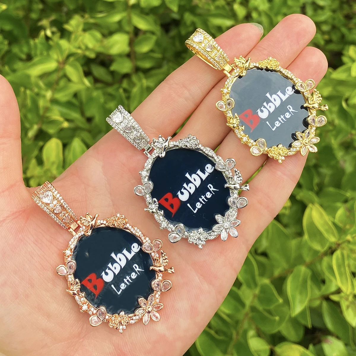 Bubble Letter Oval Dove Rose Flower Custom Photo Necklace Pendant for Women Real Gold Plated Hip Hop Jewelry