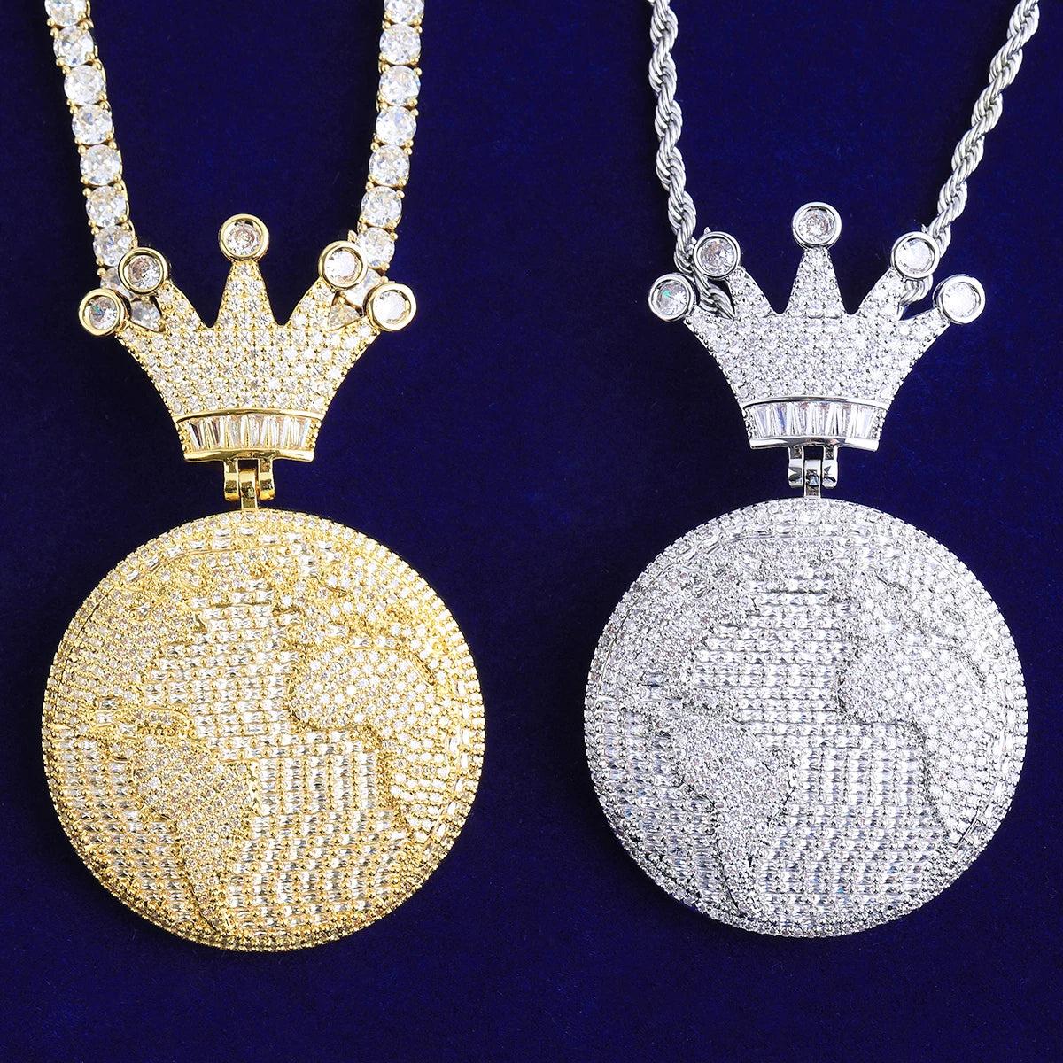 Bubble Letter Iced Out Globe World Crown Bail Necklace Pendant for Men Real Gold Plated 5A Grade Hip Hop Jewelry