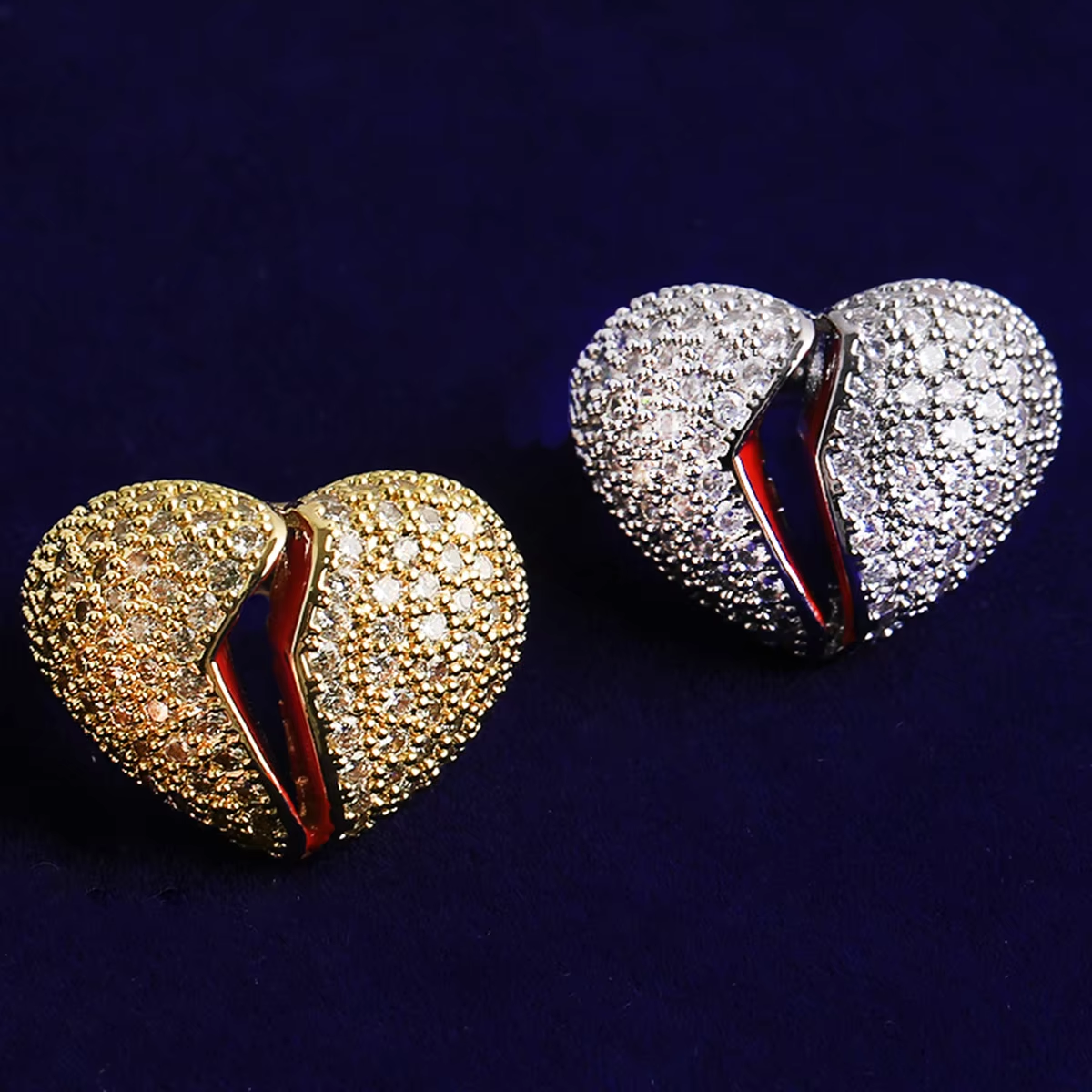 Bubble Letter Iced Out Broken Heart Ring for Men Real Gold Plated Cubic Zirconia Hip Hop Jewelry