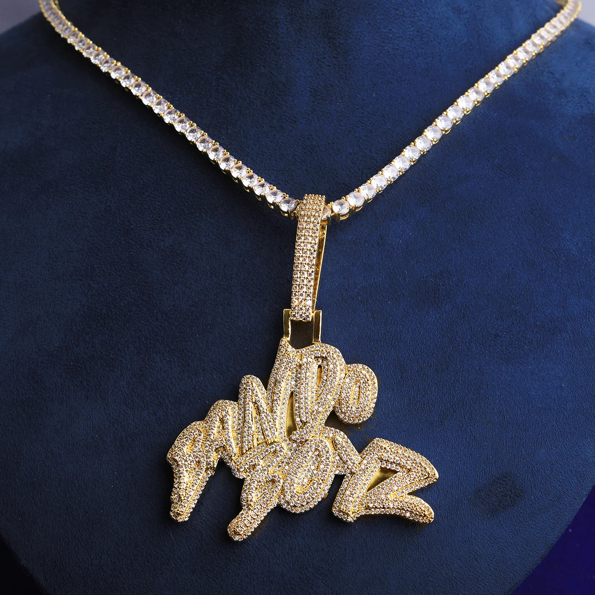 Bubble Letter Iced Out Bando Boyz for Men Necklace Pendant Real Gold Plated Cubic Zirconia Hip Hop Jewelry
