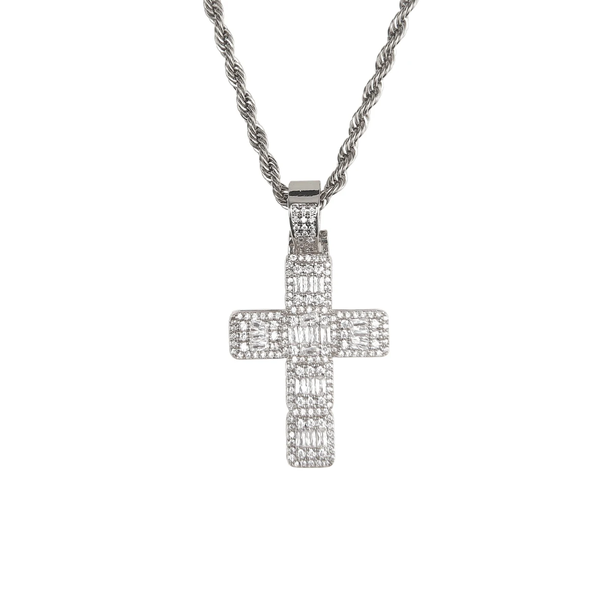 BubbLe Letter Men Necklace Baguette Cross Pendant Real Gold Plated Iced Out Hip Hop Jewelry Rapper