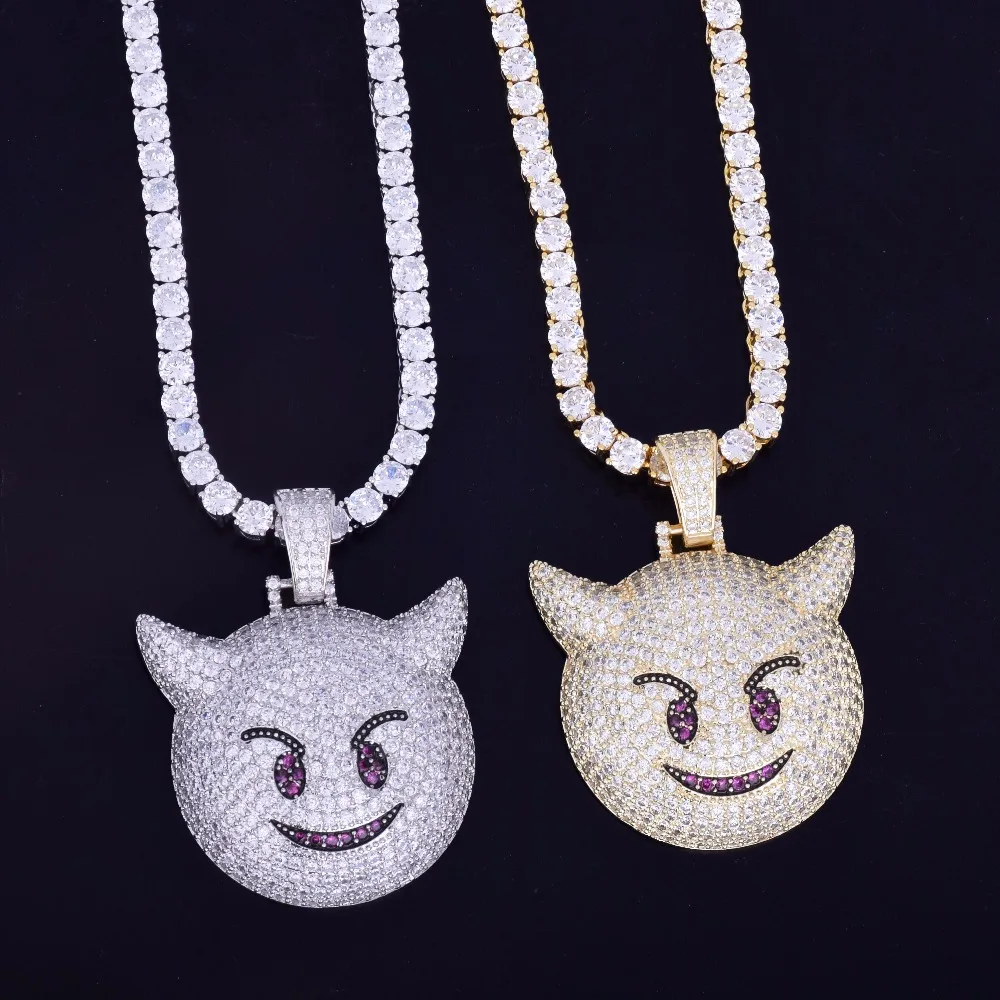 Bubble Letter Demon Evil Expression Necklace & Pendant Gold Color Plated Bling Zircon Hip Hop Rock Street Jewelry