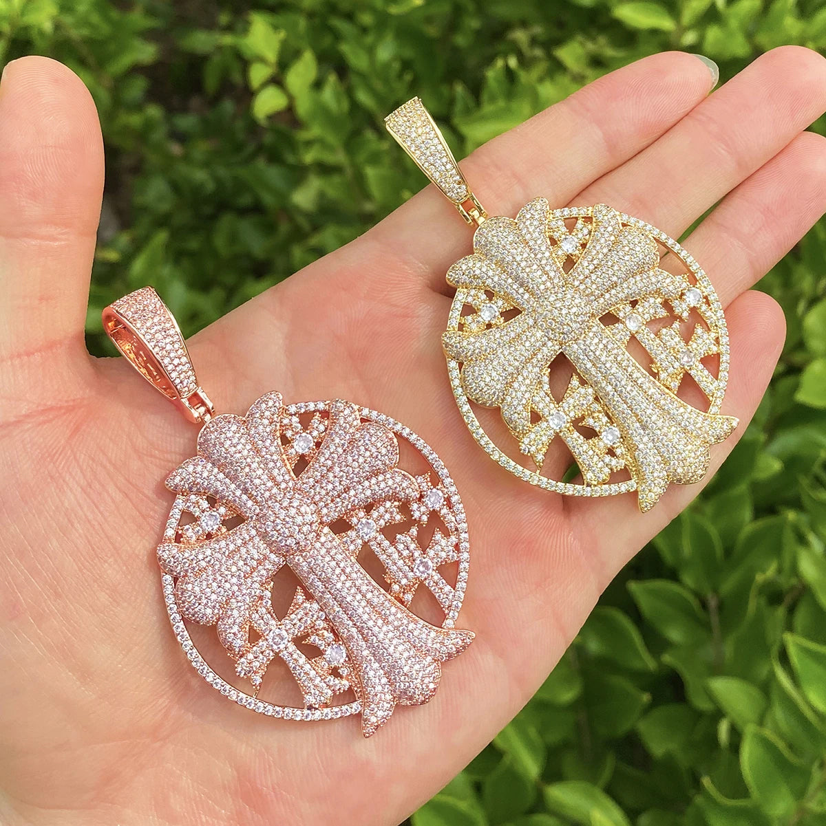 Bubble Letter Iced Out Cross Disc Necklace Pendant for Women Real Gold Plated 5A Cubic Zirconia Hip Hop Jewelry
