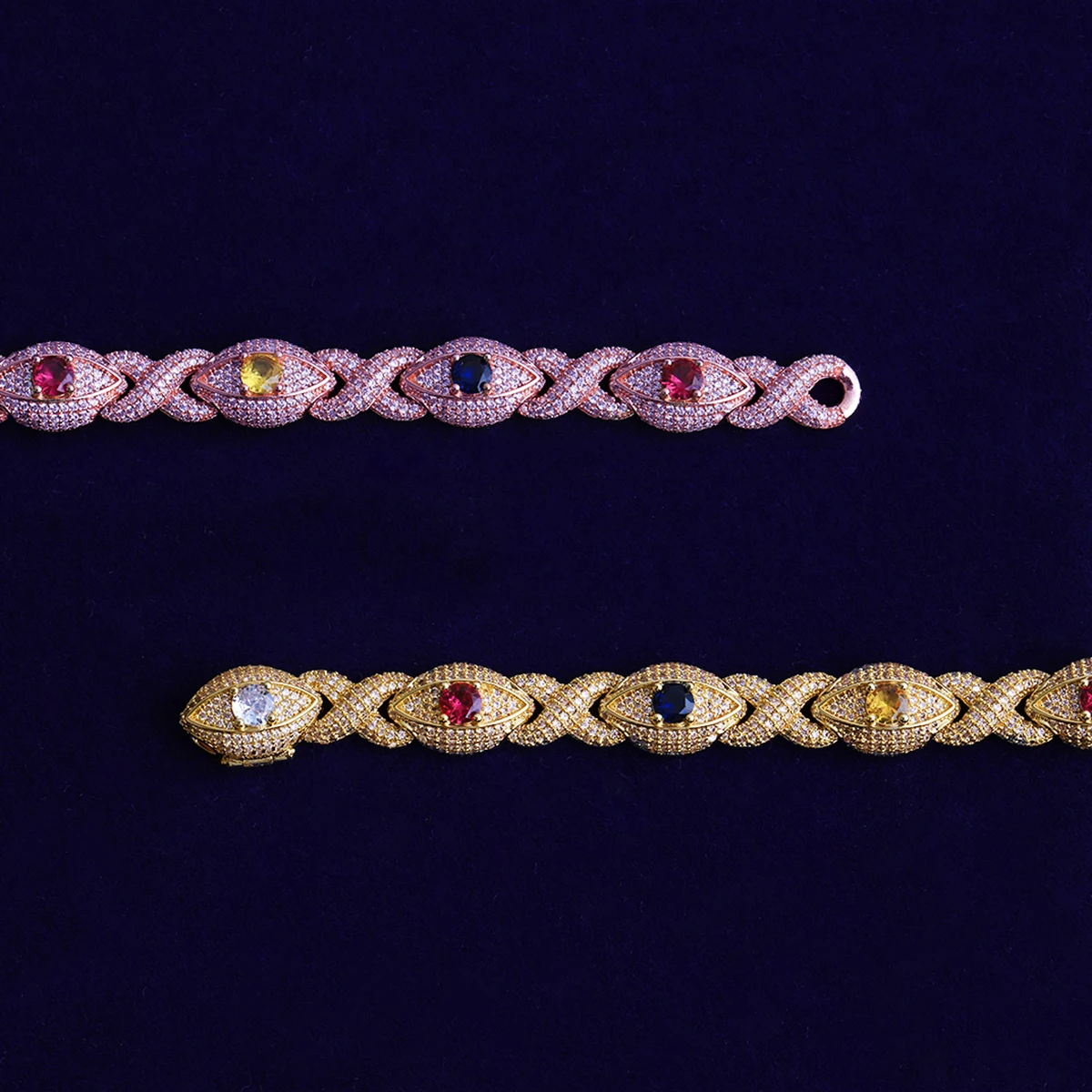 Bubble Letter Iced Out Colorful Eye Infinity Link Bracelet for Men Real Gold Plated Cubic Zirconia Hip Hop Jewelry