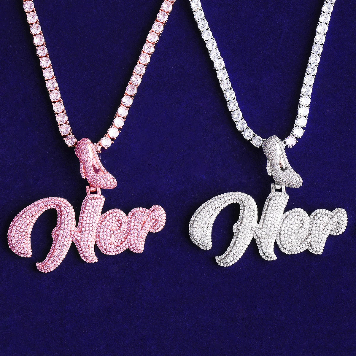 Bubble Letter Iced Out High Heel Bail Her Necklace Pendant for Women Prong Setting 5A Cubic Zirconia Hip Hop Jewelry