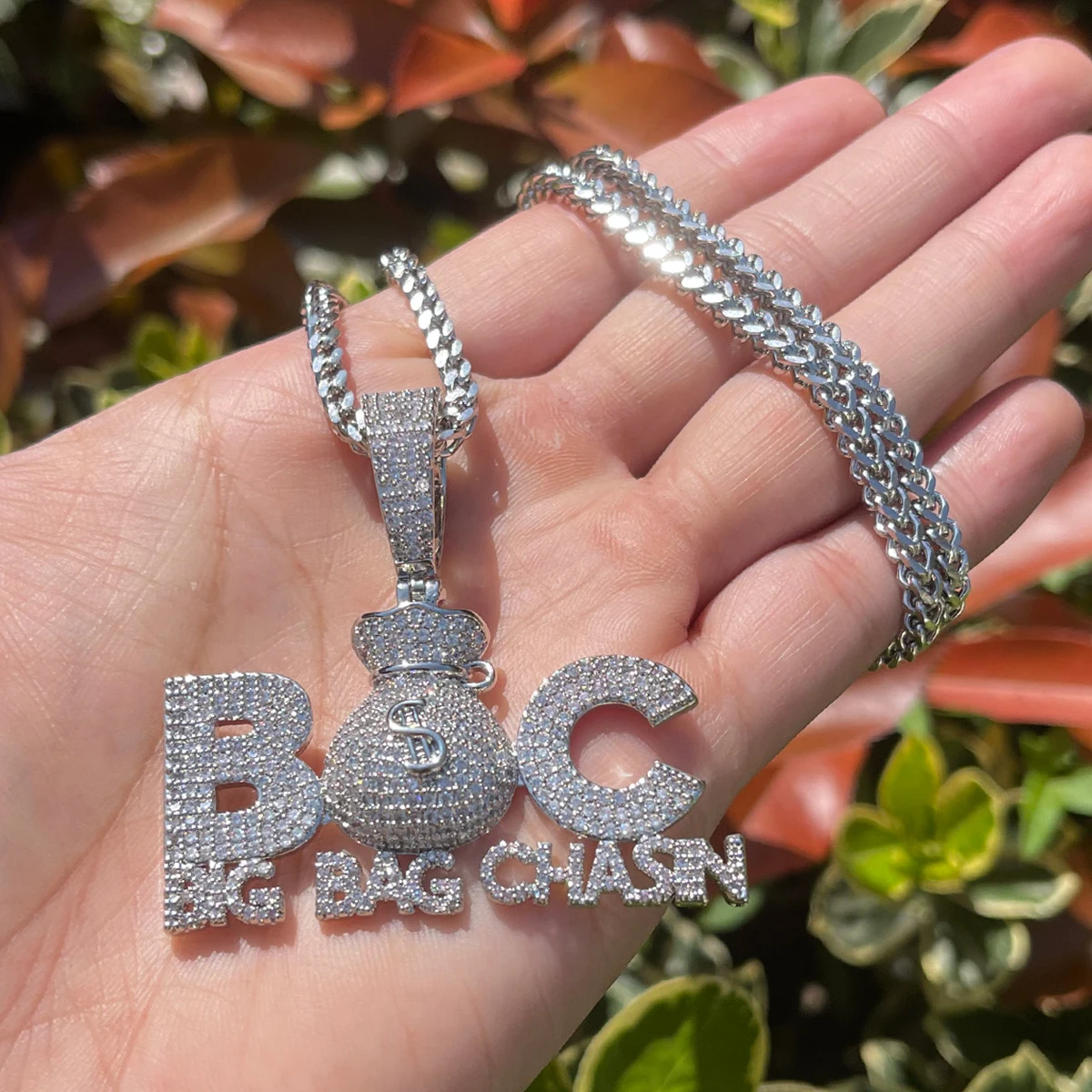 Bubble Letter Prong Necklace for Men Iced Out Pendant Big Bag Chase Charms Hip Hop Jewelry