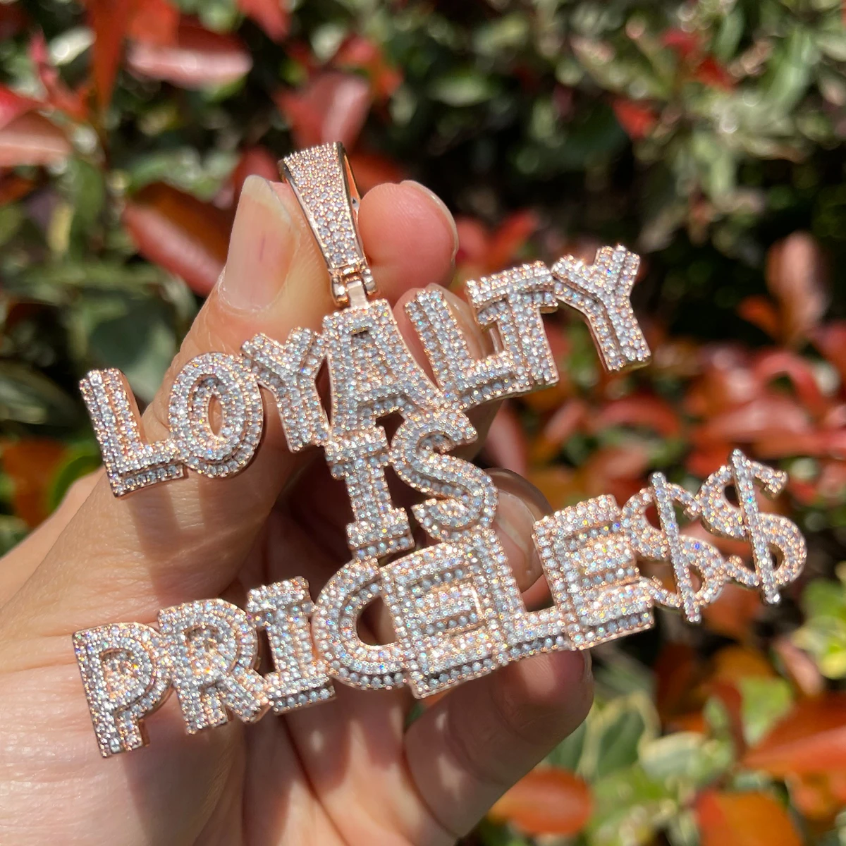 Bubble Letter Prong Setting Necklace for Men Iced Out Loyalty Is Priceless Pendant Hip Hop Jewelry