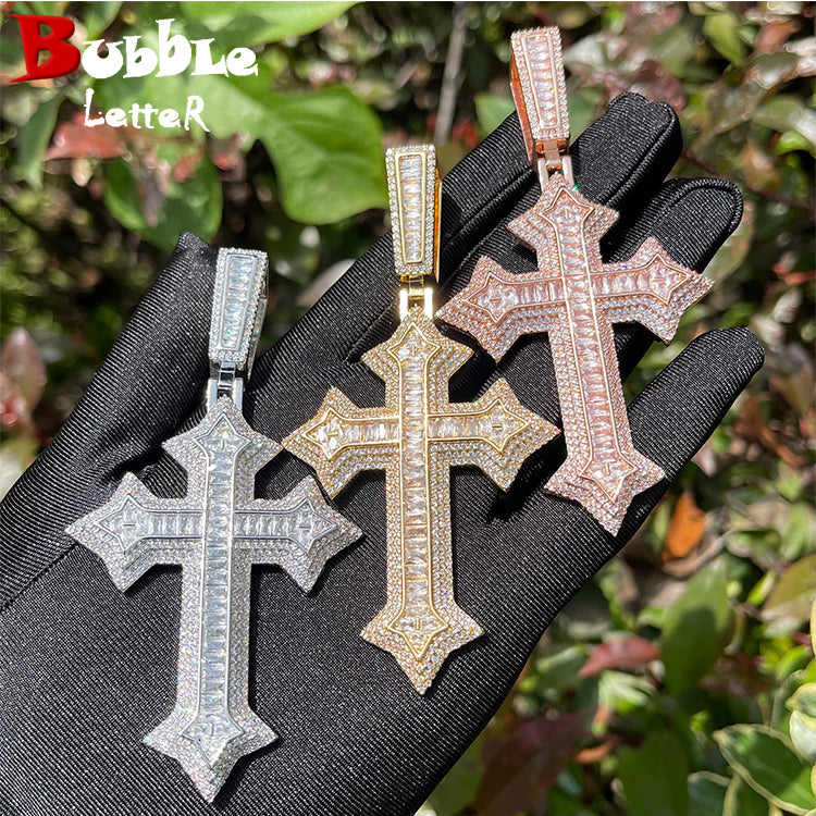 Bubble Letter Iced Out Cross Necklace for Men Prong Setting Real Copper Cubic Zirconia Hip Hop Jewelry Dropshipping Items