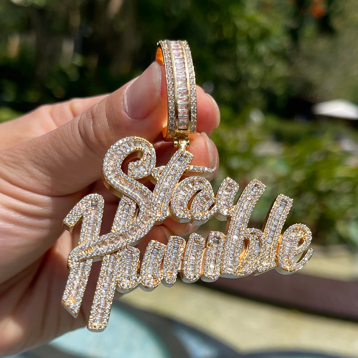Bubble Letter Stay Humble Necklace for Men Iced Out Pendant Real Gold Plated Cubic Zirconia Hip Hop Jewelry