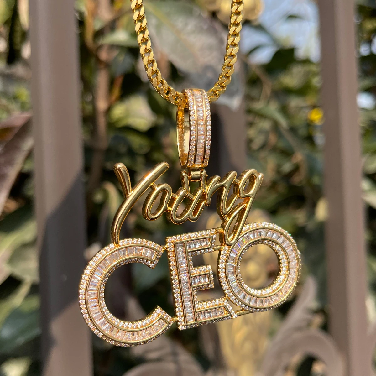 Bubble Letter Iced Out Young CEO Necklace for Men High Quality 5A Cubic Zirconia Real Gold Plated Hip Hop Jewelry