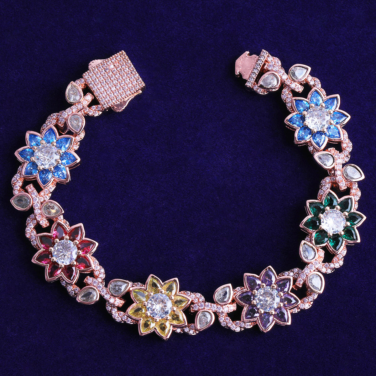 Bubble Letter Iced Out Colorful Flower leaves Bracelet for Women Prong Setting Real Gold Plated Hip Hop Jewelry