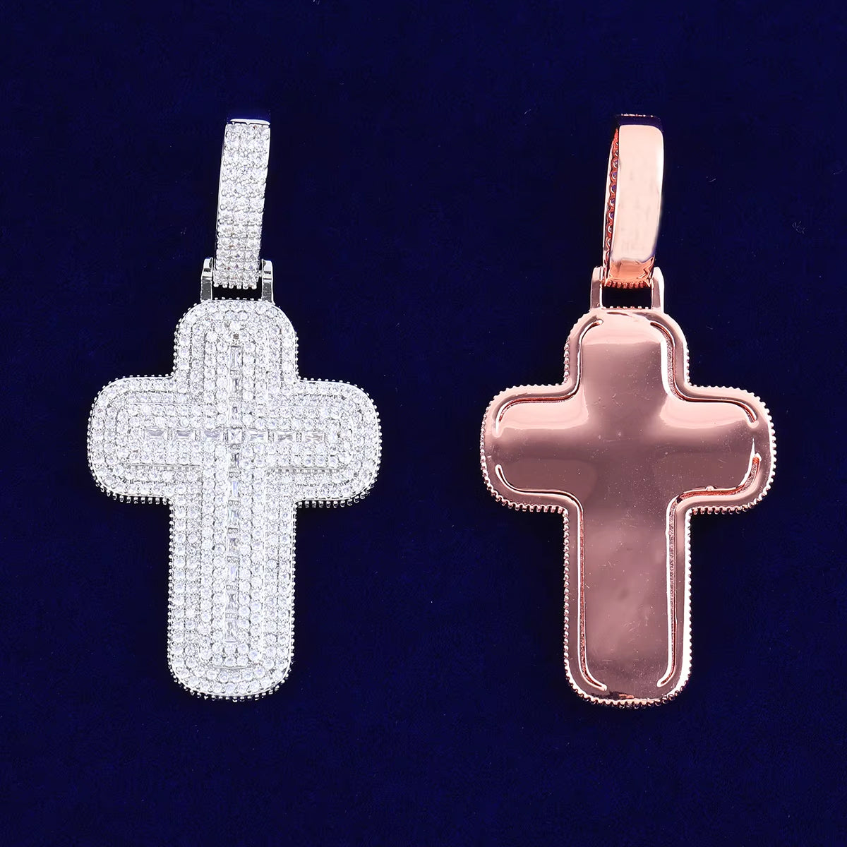 Bubble Letter Iced Out Baguette Two Layers Cross Necklace Pendant for Men Real Gold Plated Hip Hop Jewelry
