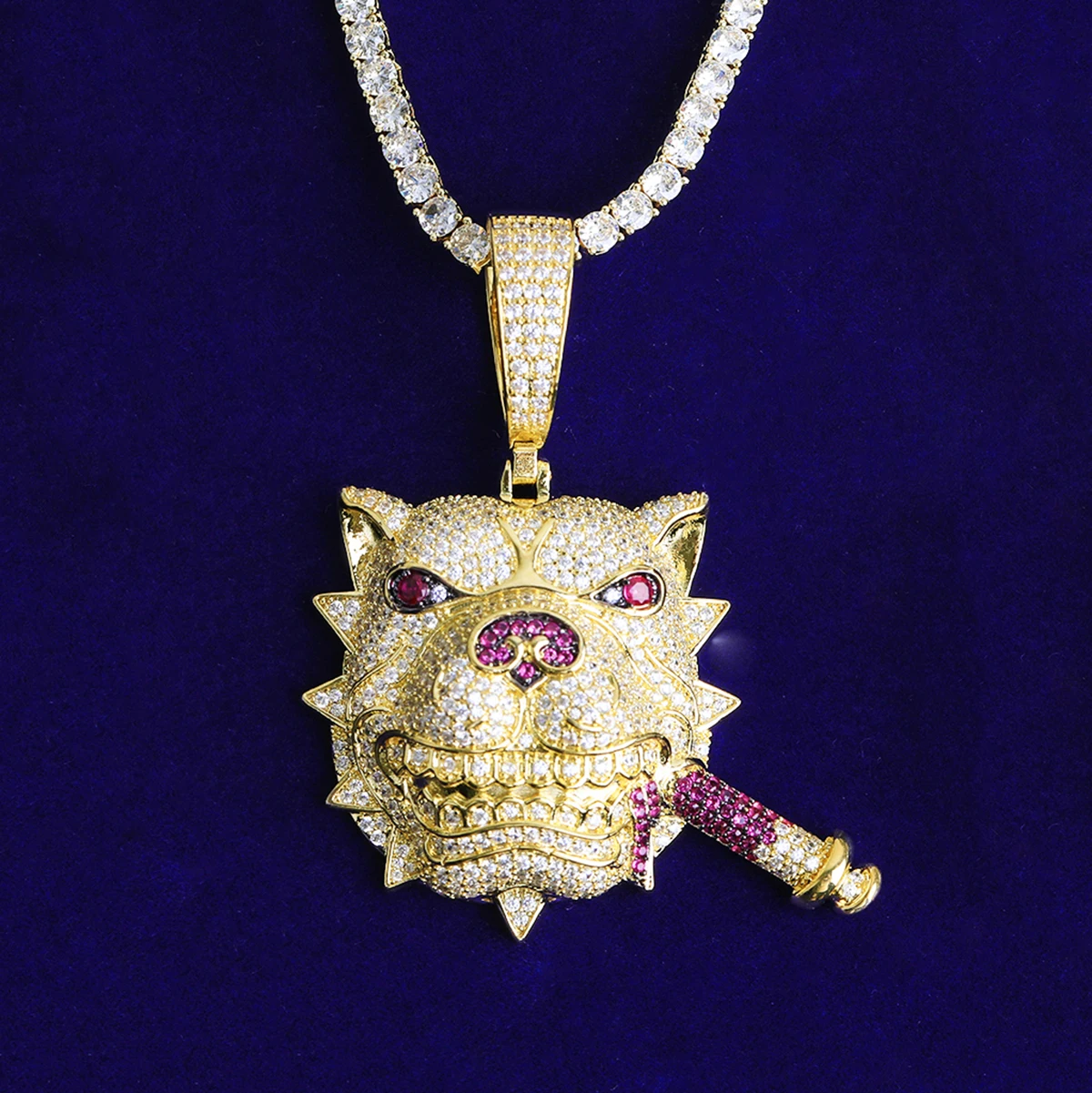 Bubble Letter Iced Out Dog Head Cigar Necklace Pendant for Men Prong Setting 5A Cubic Zirconia Hip Hop Jewelry