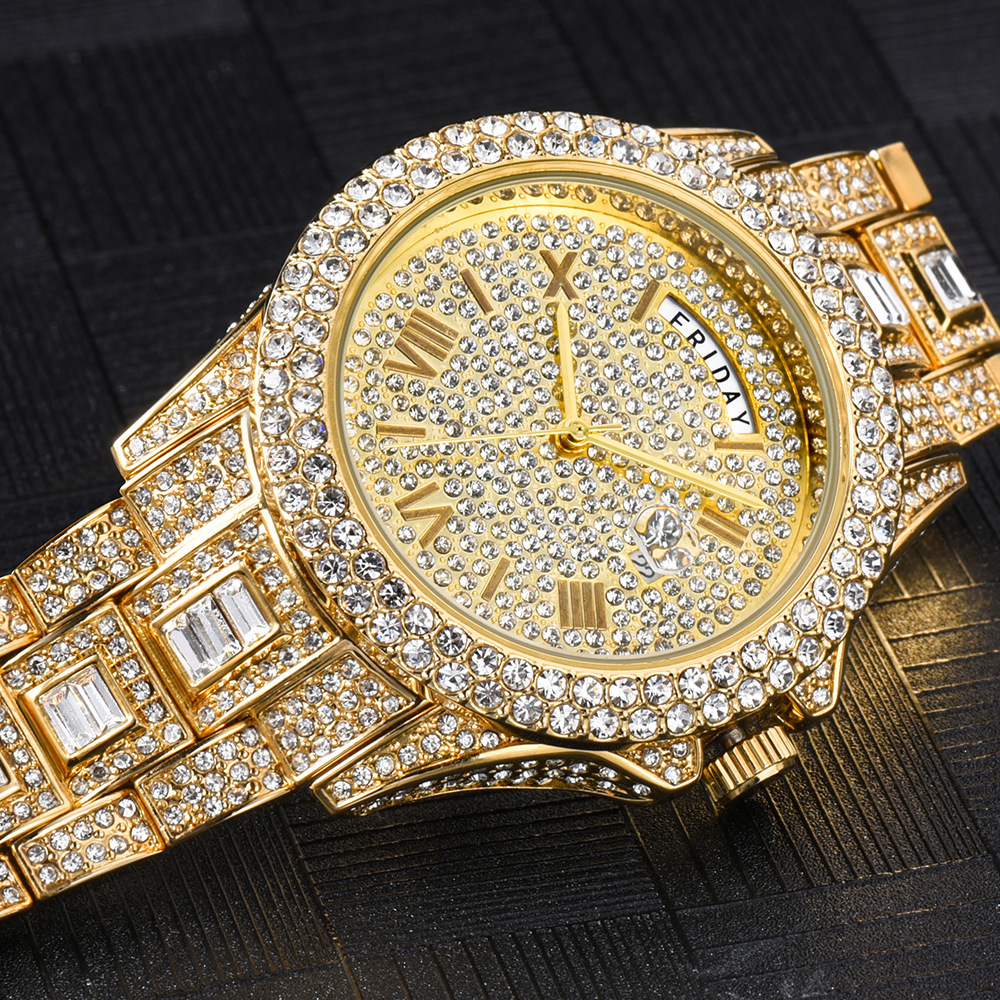Bubble Letter DAY DATE ROMAN NUMERALS VVS ICED OUT DIAMOND WATCH