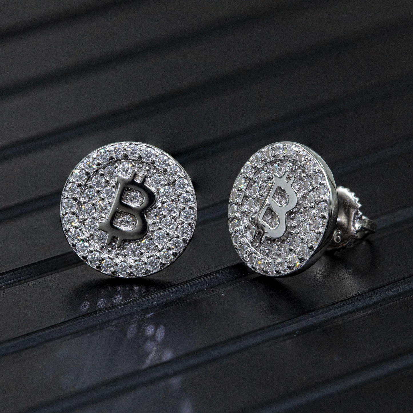 Bubble Letter Silver Moissanite VVS Bitcoin Stud Earring for Men Hip Hop Jewelry