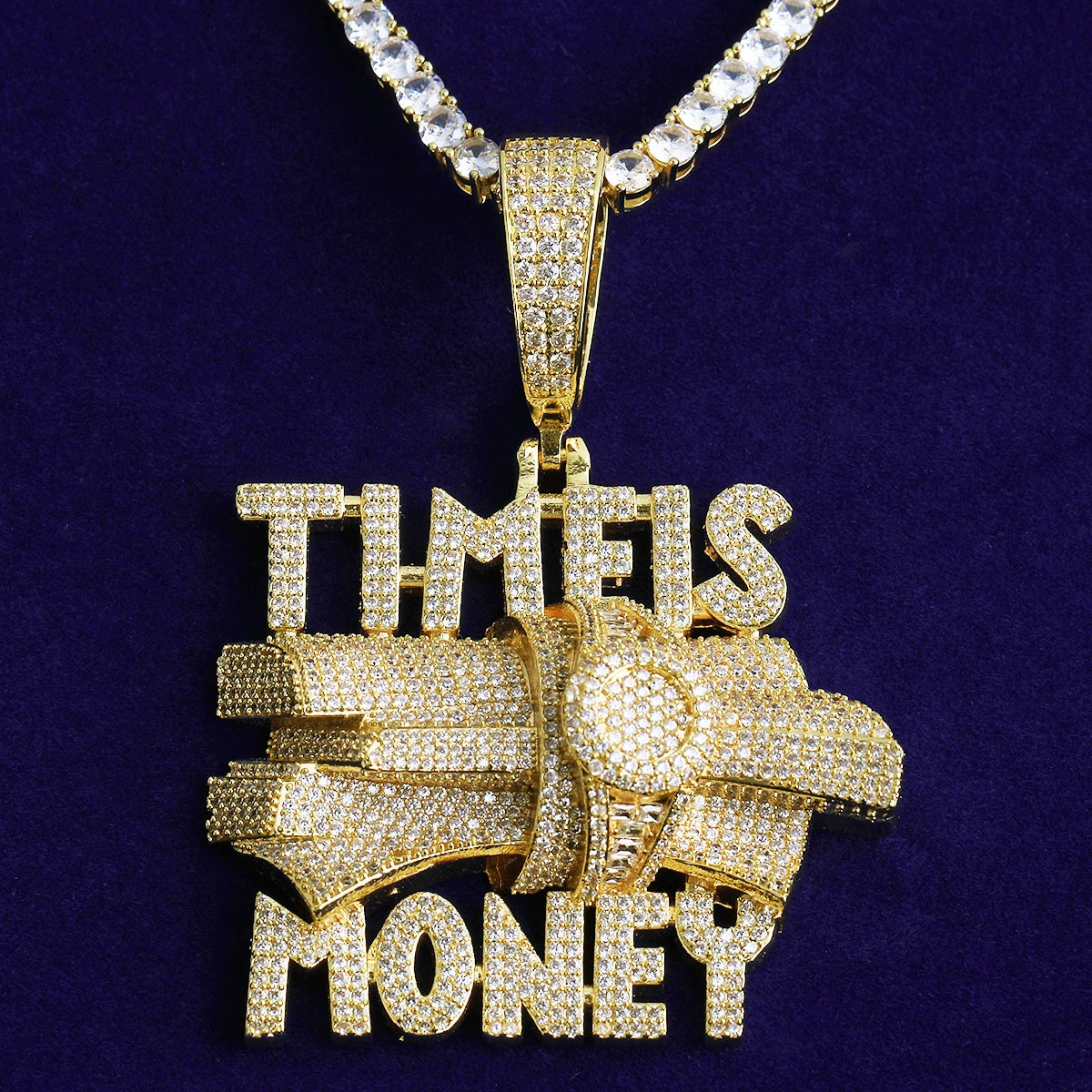 Bubble Letter Iced Out Time is Money Necklace Pendant for Men Prong Setting Real Gold Plated Hip Hop Jewelry