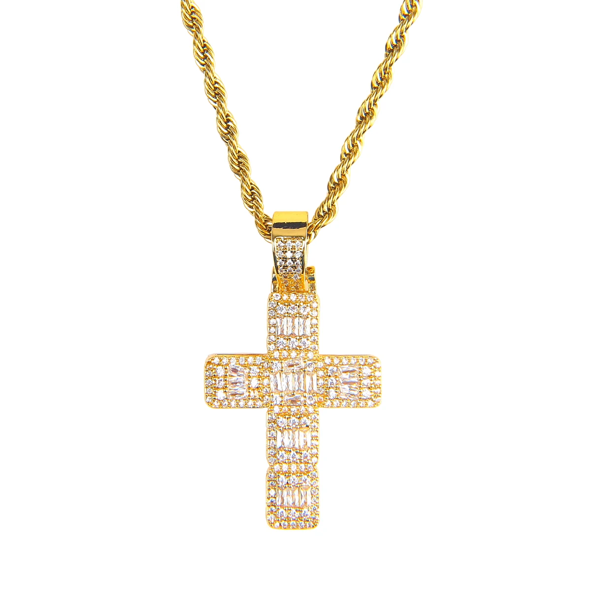 BubbLe Letter Men Necklace Baguette Cross Pendant Real Gold Plated Iced Out Hip Hop Jewelry Rapper