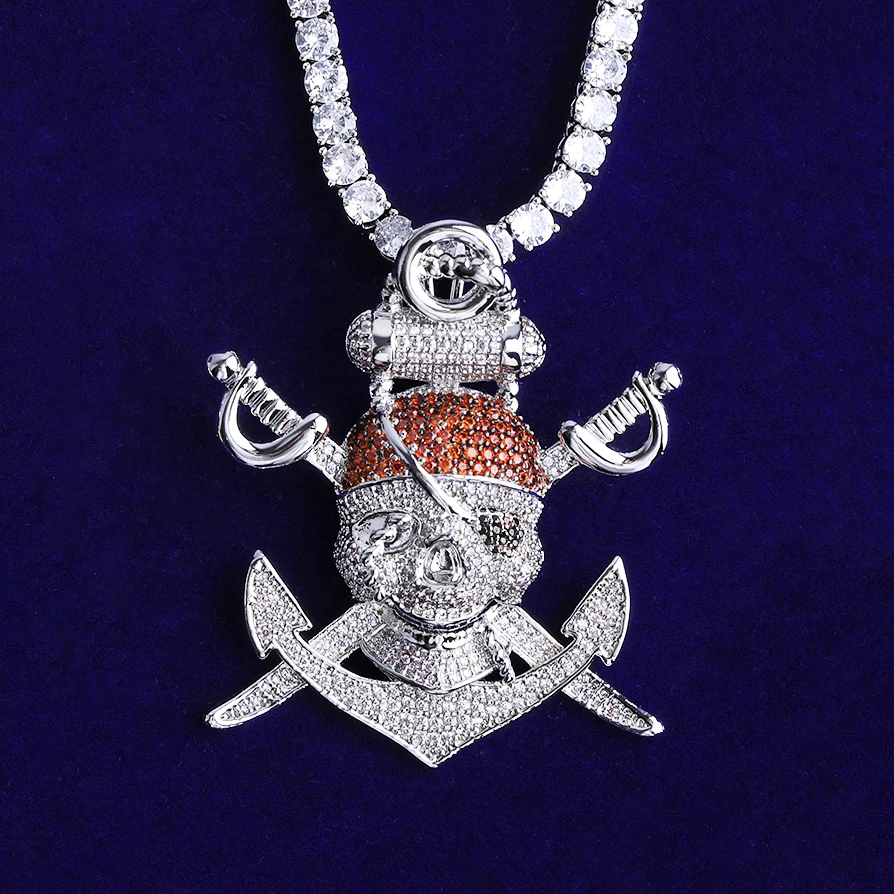 Bubble Letter Iced Out Pirate Anchor Necklace Pendant for Men Prong Setting 5A Cubic Zirconia Hip Hop Jewelry