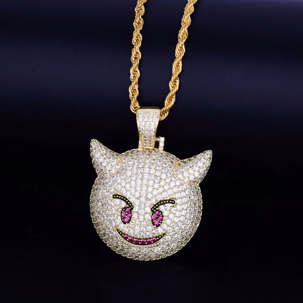 Bubble Letter Demon Evil Expression Necklace & Pendant Gold Color Plated Bling Zircon Hip Hop Rock Street Jewelry