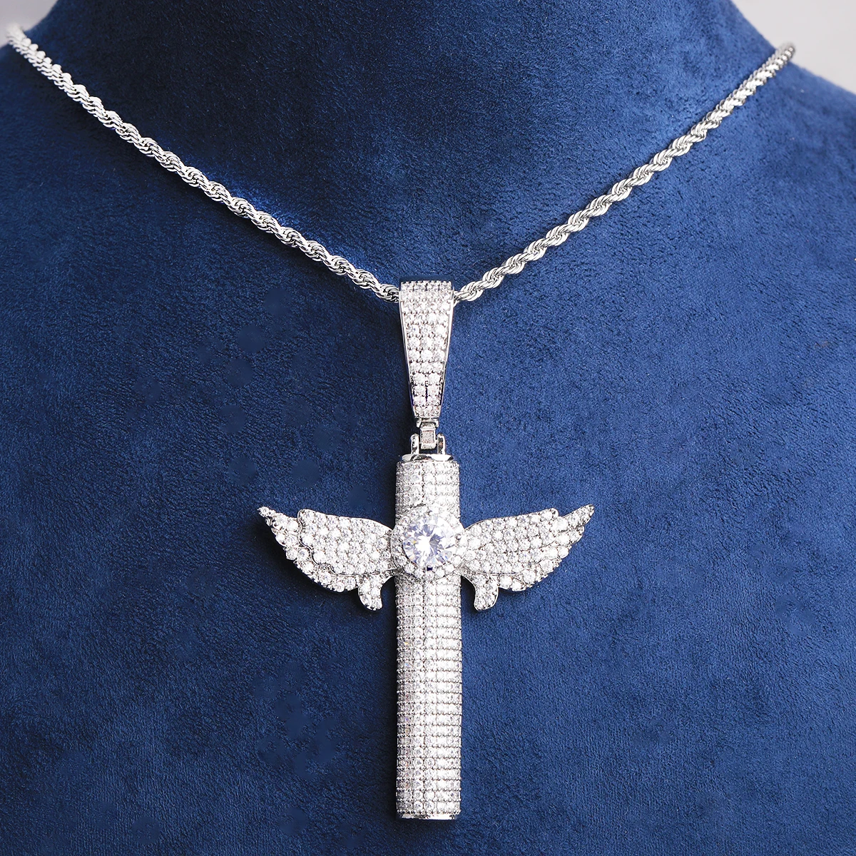 Bubble Letter Iced Out Wing Cross Necklace Pendant for Men Prong Setting 5A Cubic Zirconia Hip Hop Jewelry