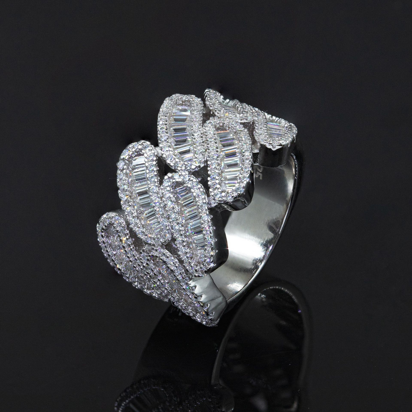 Bubble Letter Silver Moissanite VVS Baguette Cuban Ring for Men Hip Hop Jewelry