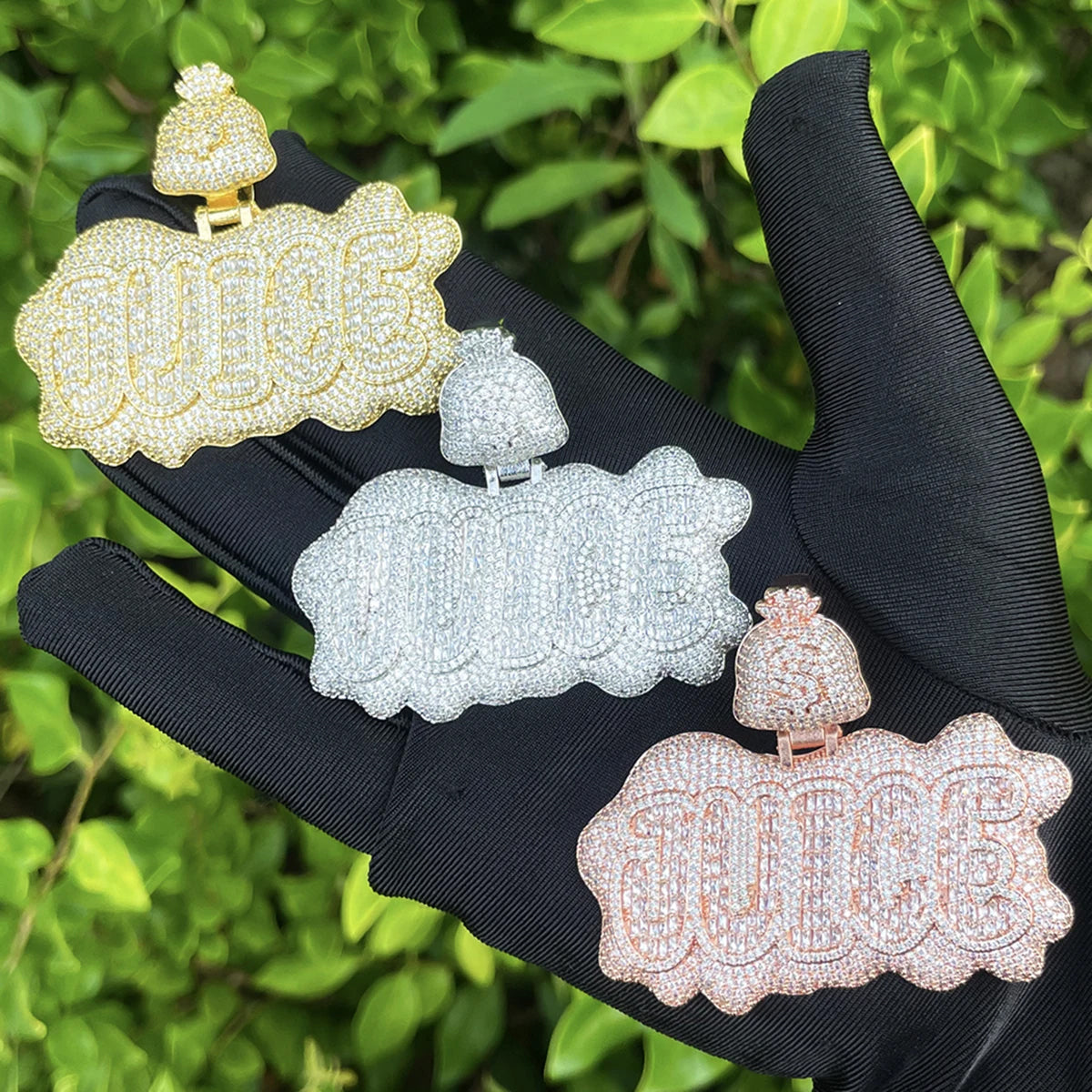 Bubble Letter Iced Out Juice Money Bag Bail Necklace Pendant for Men Real Gold Plated 5A Cubic Zirconia Hip Hop Jewelry